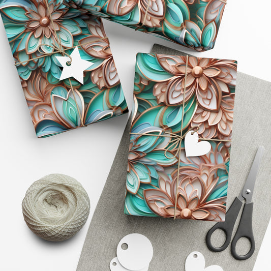 Gift Wrap Papers Rose Gold and Turquoise Cloisonne Flowers