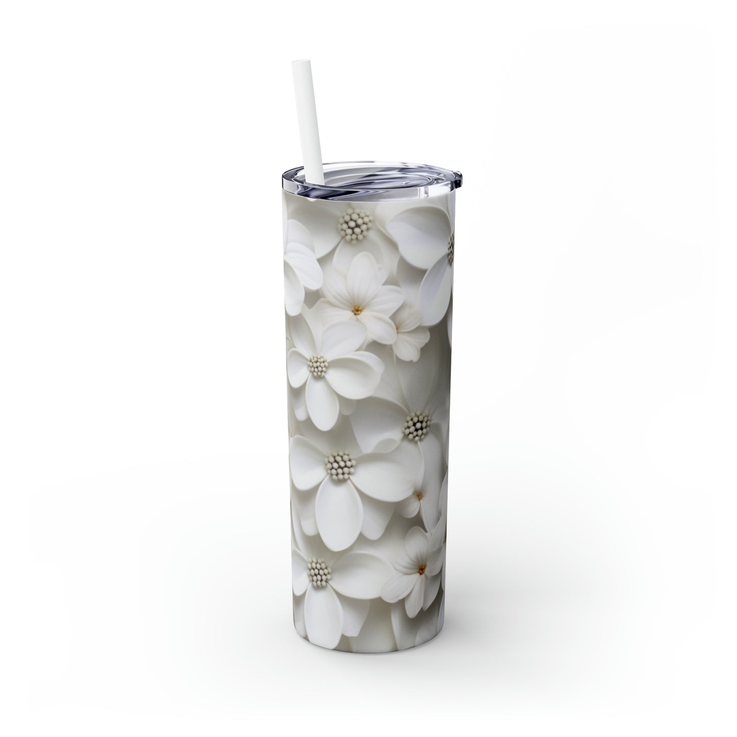 Skinny Tumbler with Straw, 20oz White 3D Flower #3