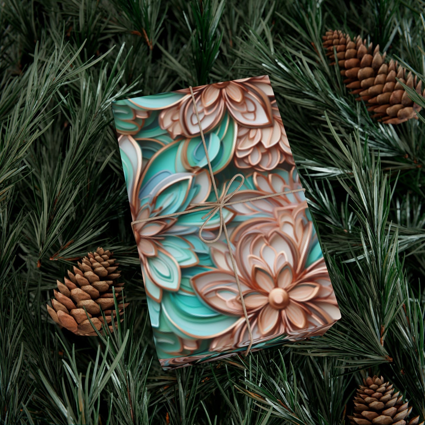 Gift Wrap Papers Rose Gold and Turquoise Cloisonne Flowers