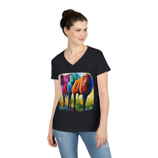 Ladies' V-Neck T-Shirt Horses 1