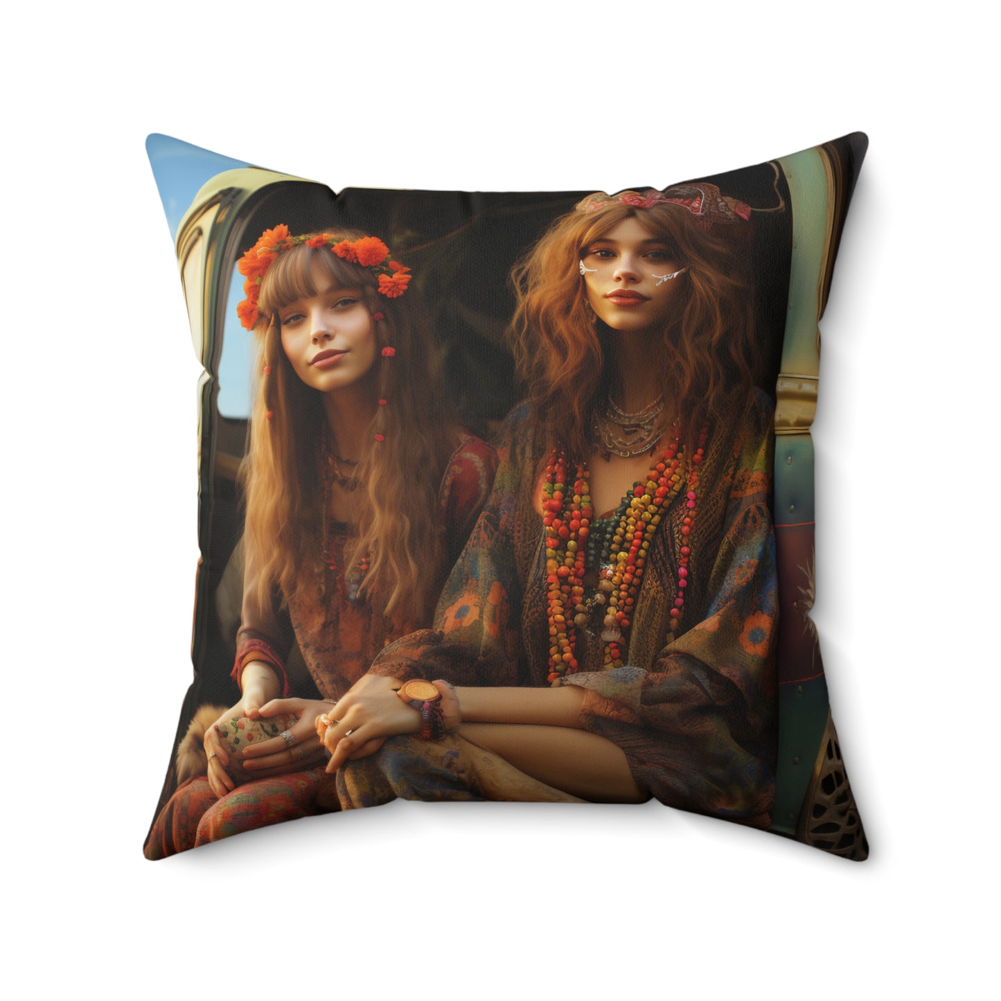 Spun Polyester Square Pillow Cowgirl and Hippie Girls