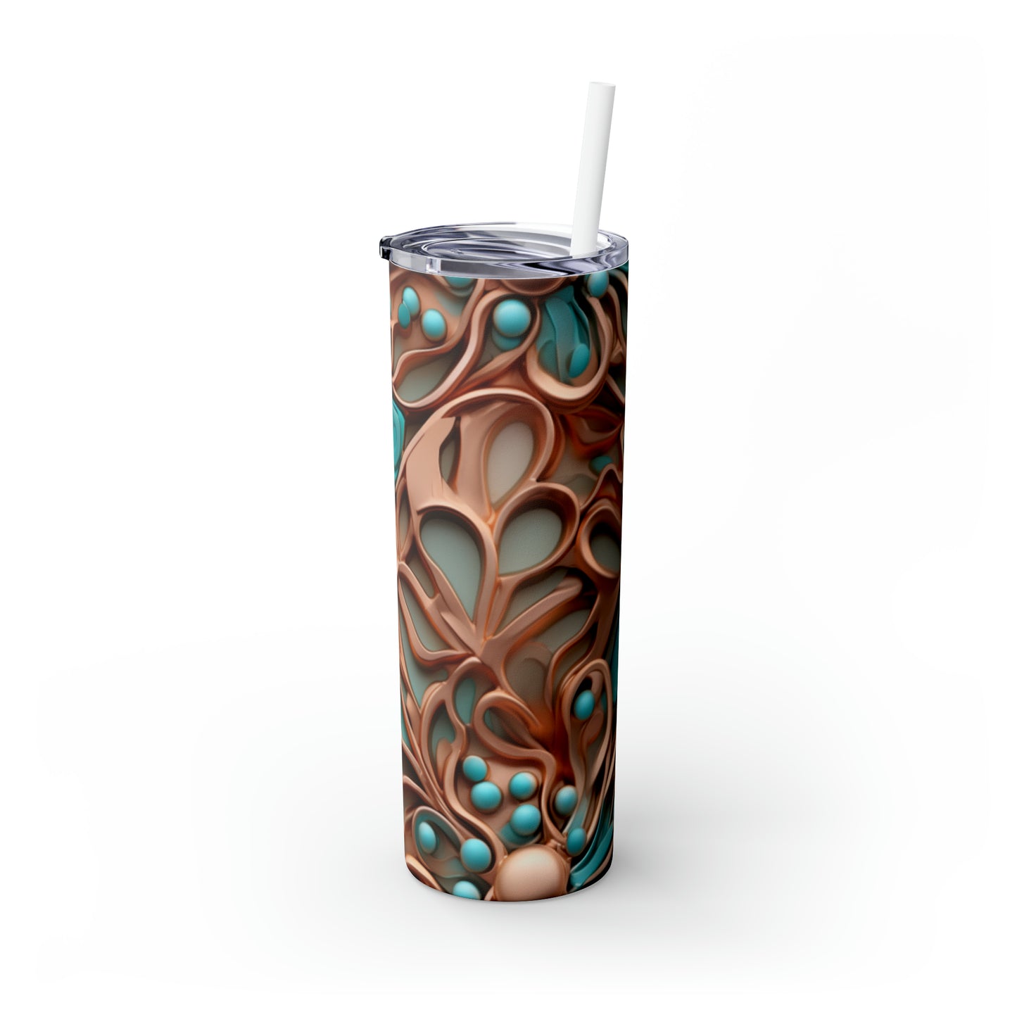 Skinny Tumbler with Straw, 20oz Copper and Turquoise Flowers