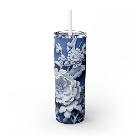 Skinny Tumbler with Straw, 20oz White Peonies