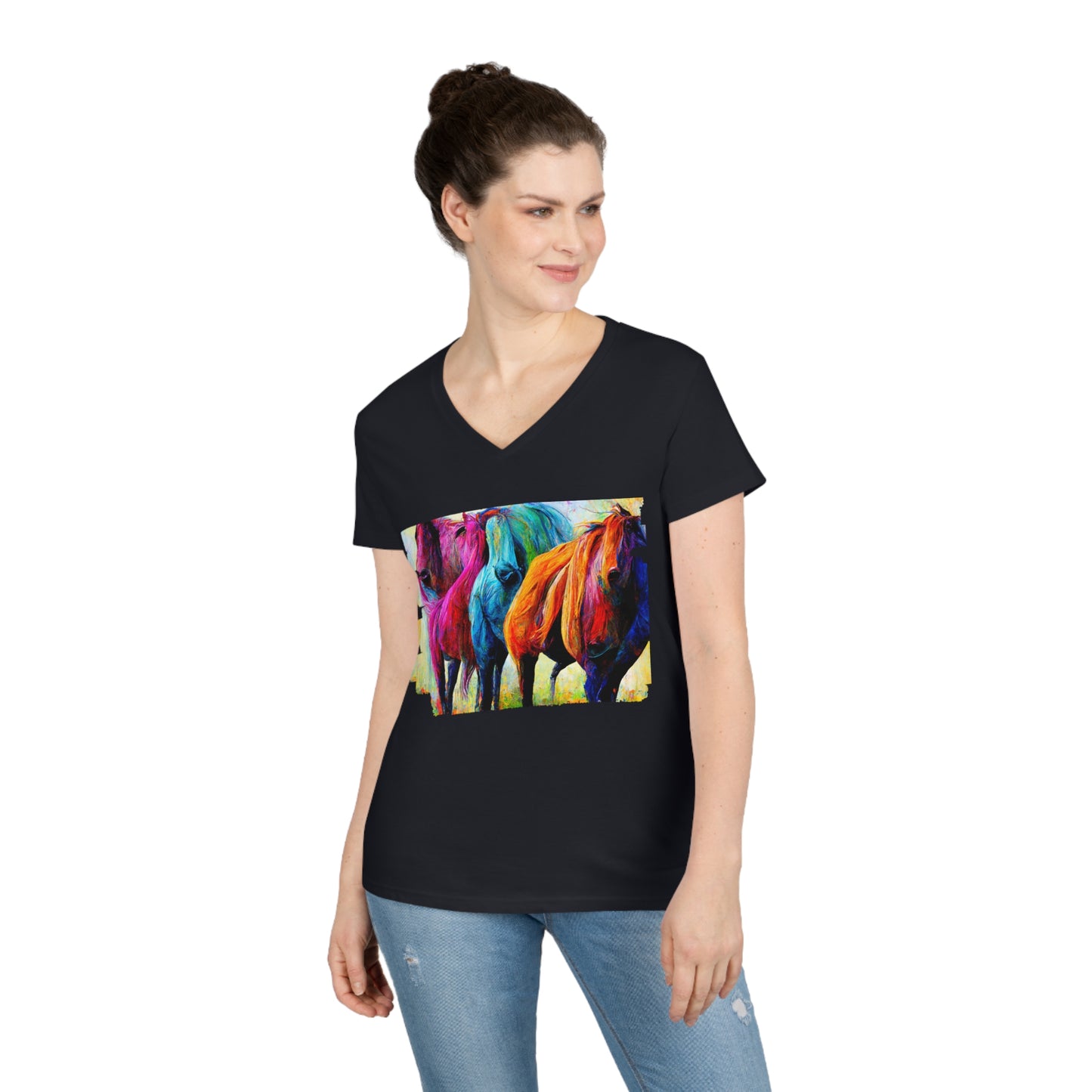 Ladies' V-Neck T-Shirt Horses 2