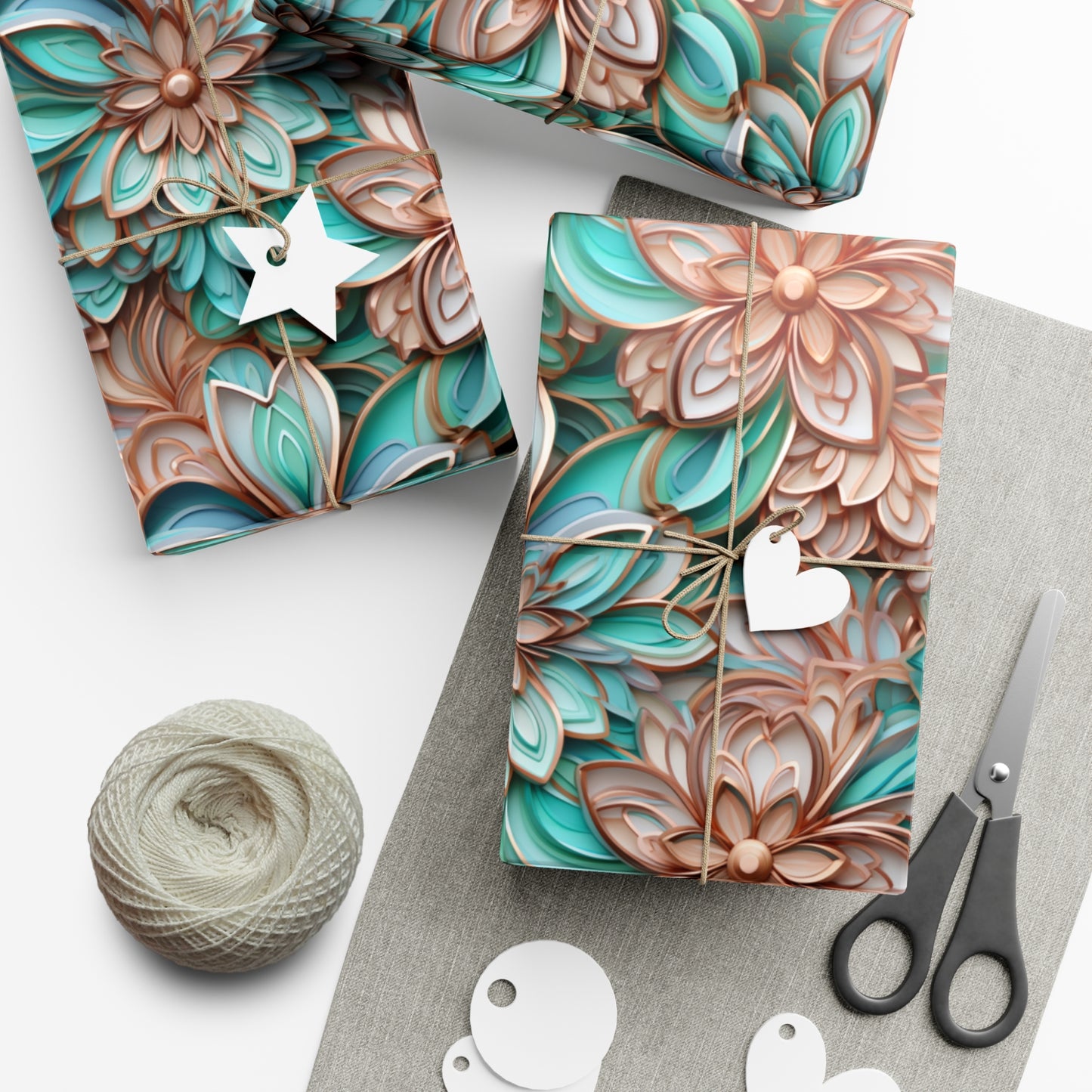 Gift Wrap Papers Rose Gold and Turquoise Cloisonne Flowers