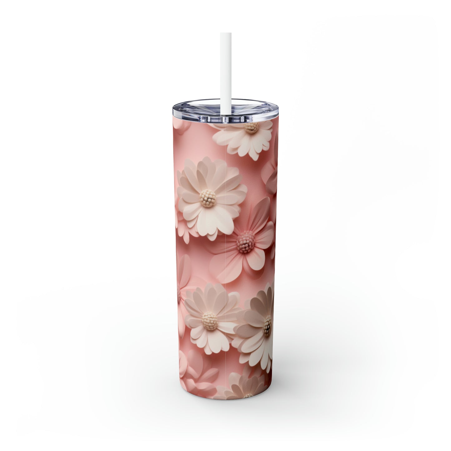 Skinny Tumbler with Straw, 20oz White and Pink Flowers #2