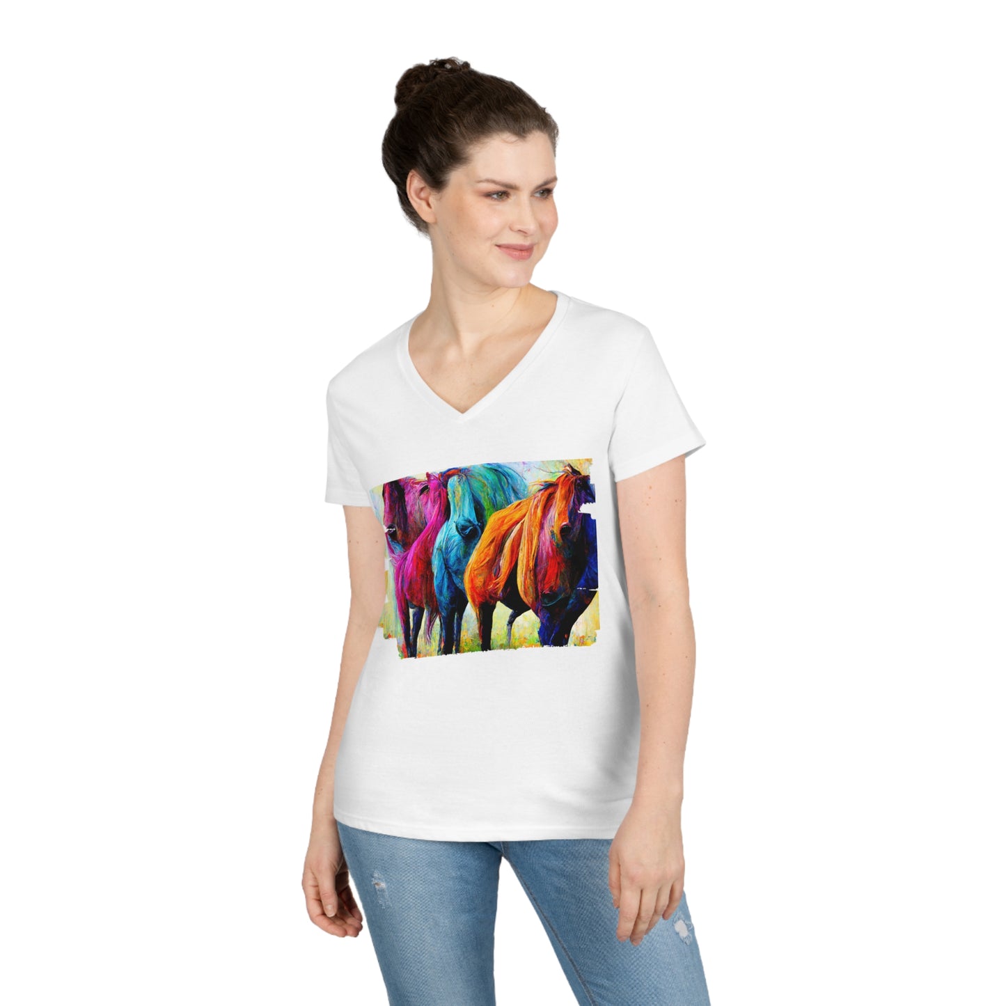 Ladies' V-Neck T-Shirt Horses 2