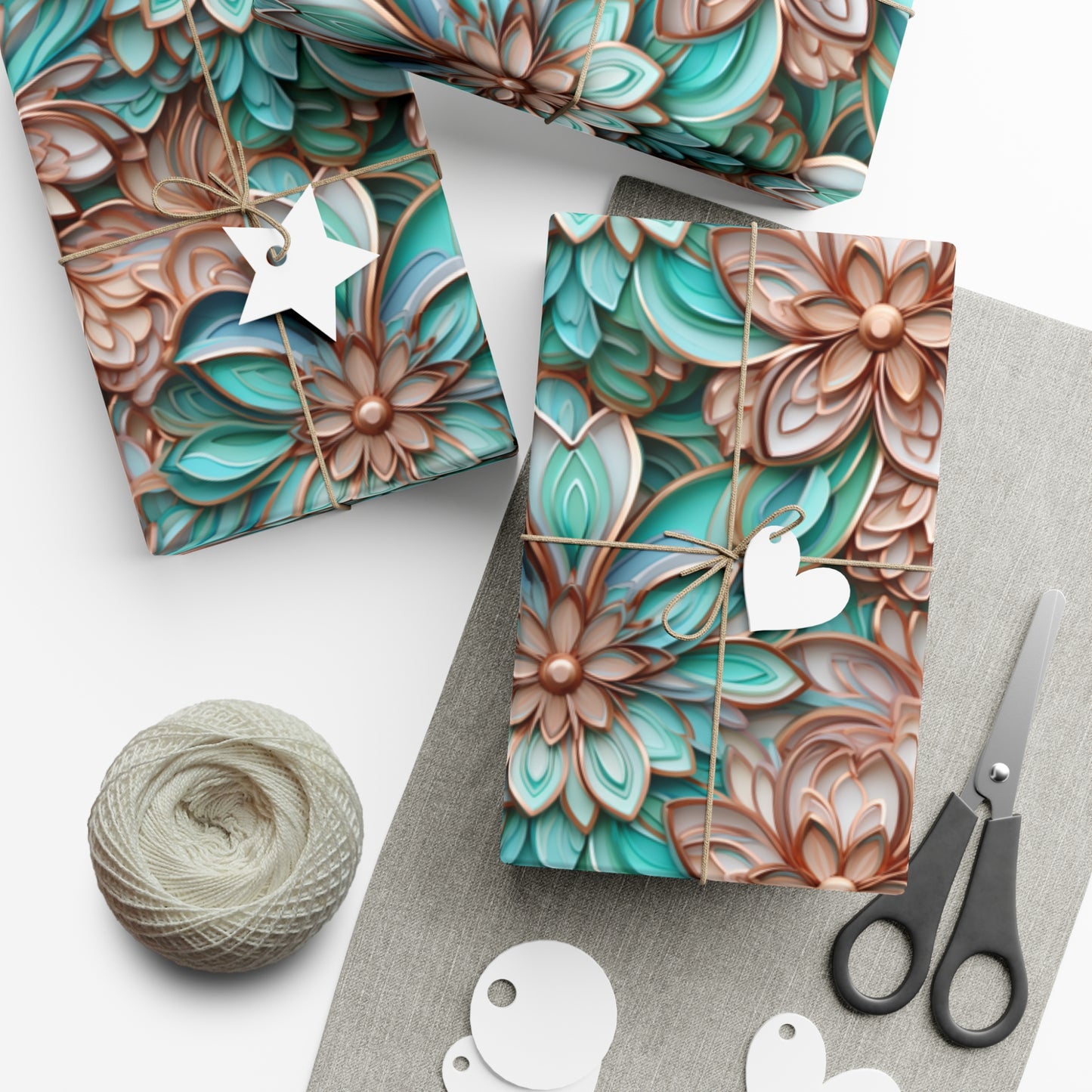 Gift Wrap Papers Rose Gold and Turquoise Cloisonne Flowers