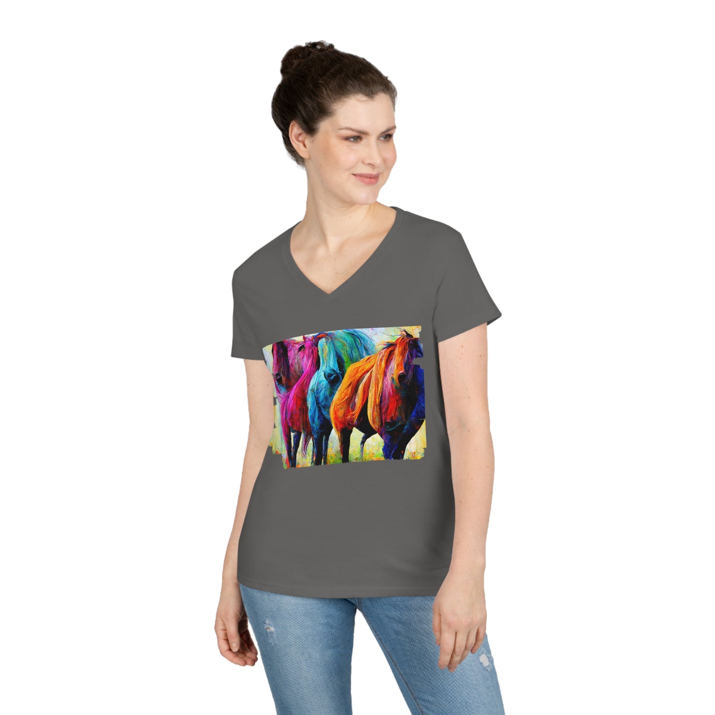 Ladies' V-Neck T-Shirt Horses 2