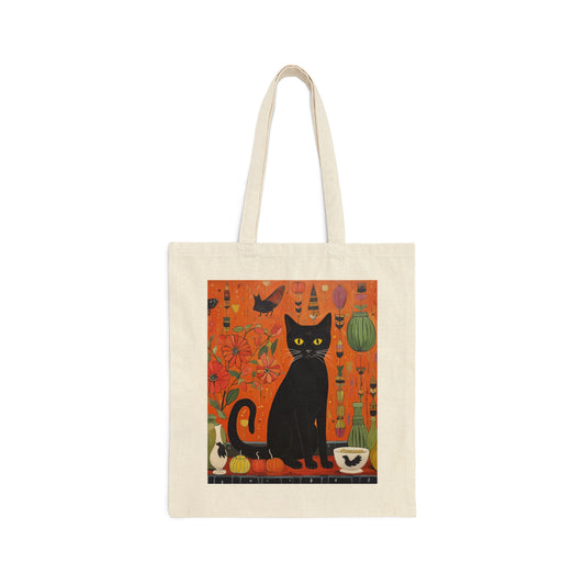 Cute Black Cat Halloween Cotton Canvas Tote Bag