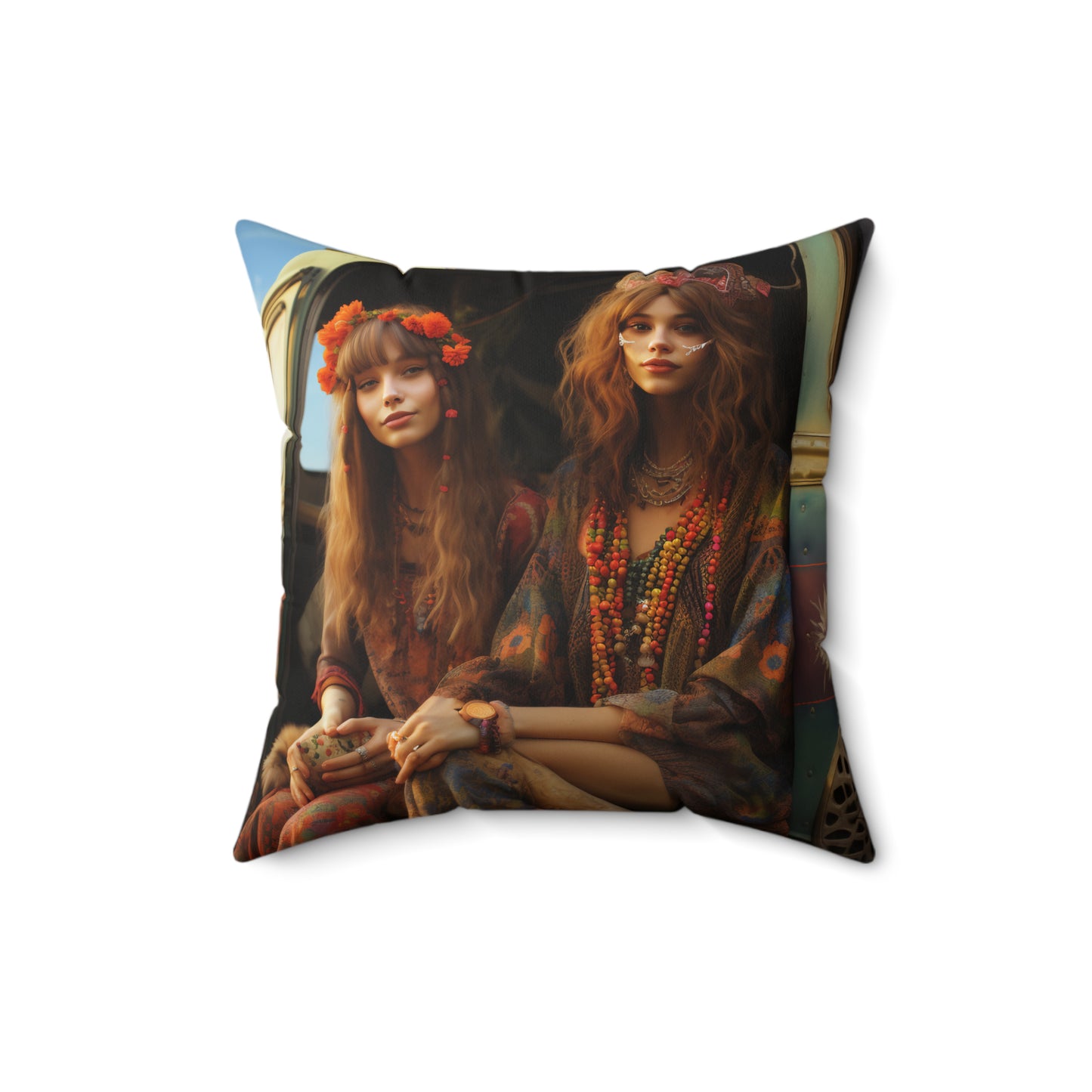 Spun Polyester Square Pillow Cowgirl and Hippie Girls