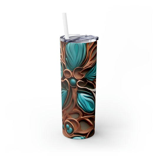 Skinny Tumbler with Straw, 20oz Copper and Turquoise Flowers