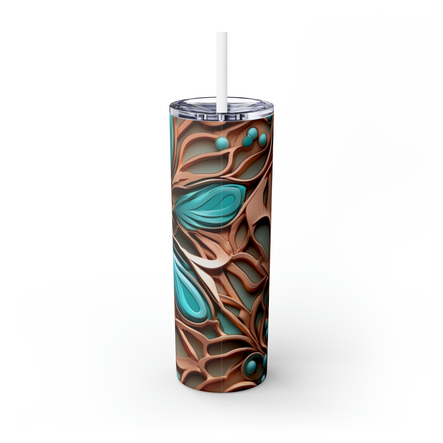 Skinny Tumbler with Straw, 20oz Copper and Turquoise Flowers