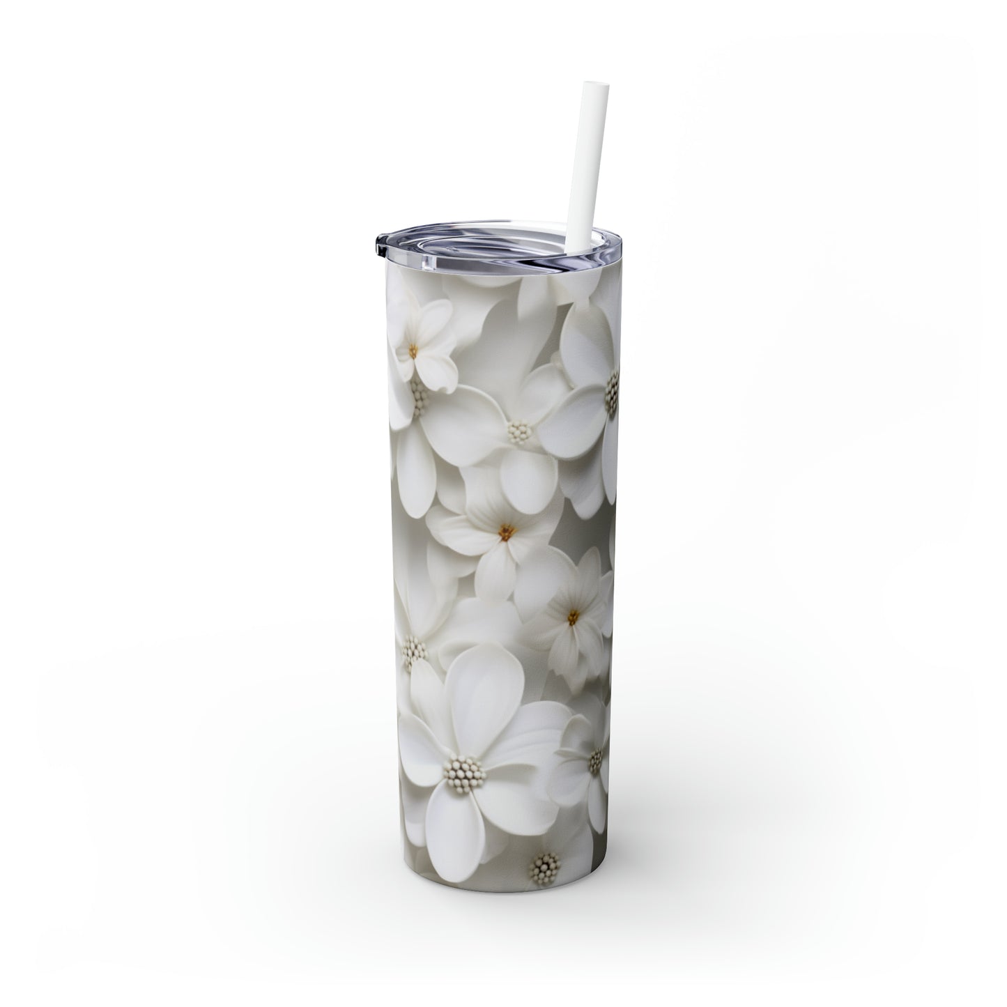 Skinny Tumbler with Straw, 20oz White 3D Flower #3