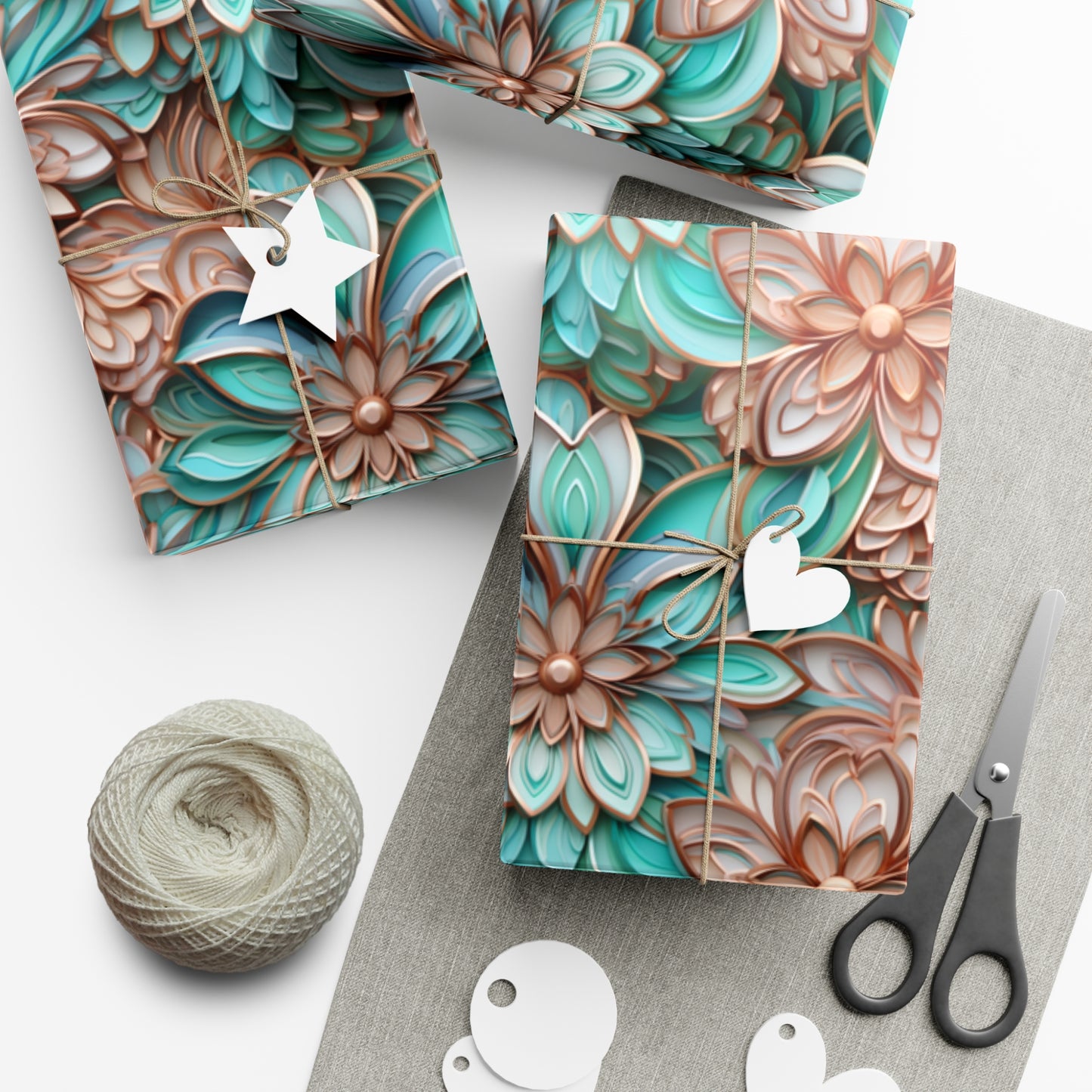 Gift Wrap Papers Rose Gold and Turquoise Cloisonne Flowers