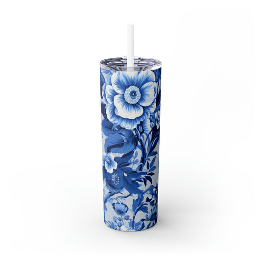 Skinny Tumbler with Straw, 20oz English Blue Chinoiserie