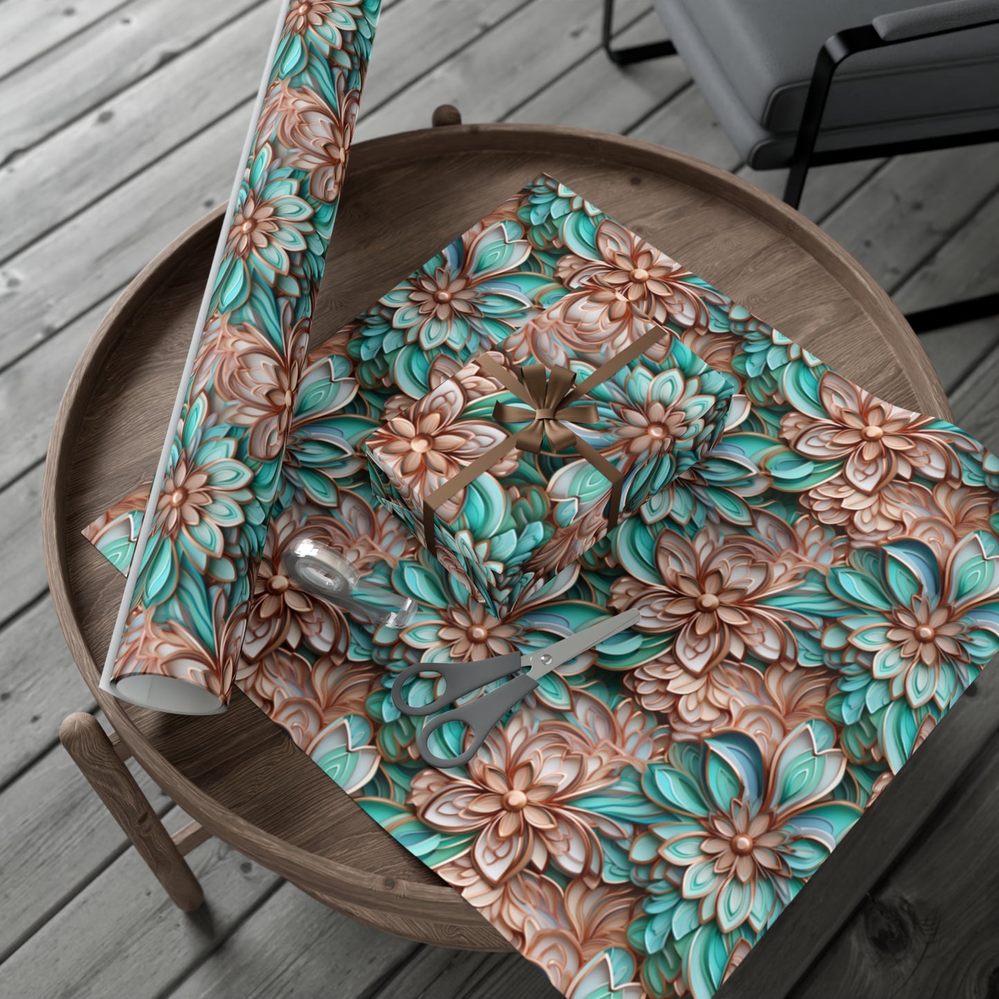 Gift Wrap Papers Rose Gold and Turquoise Cloisonne Flowers