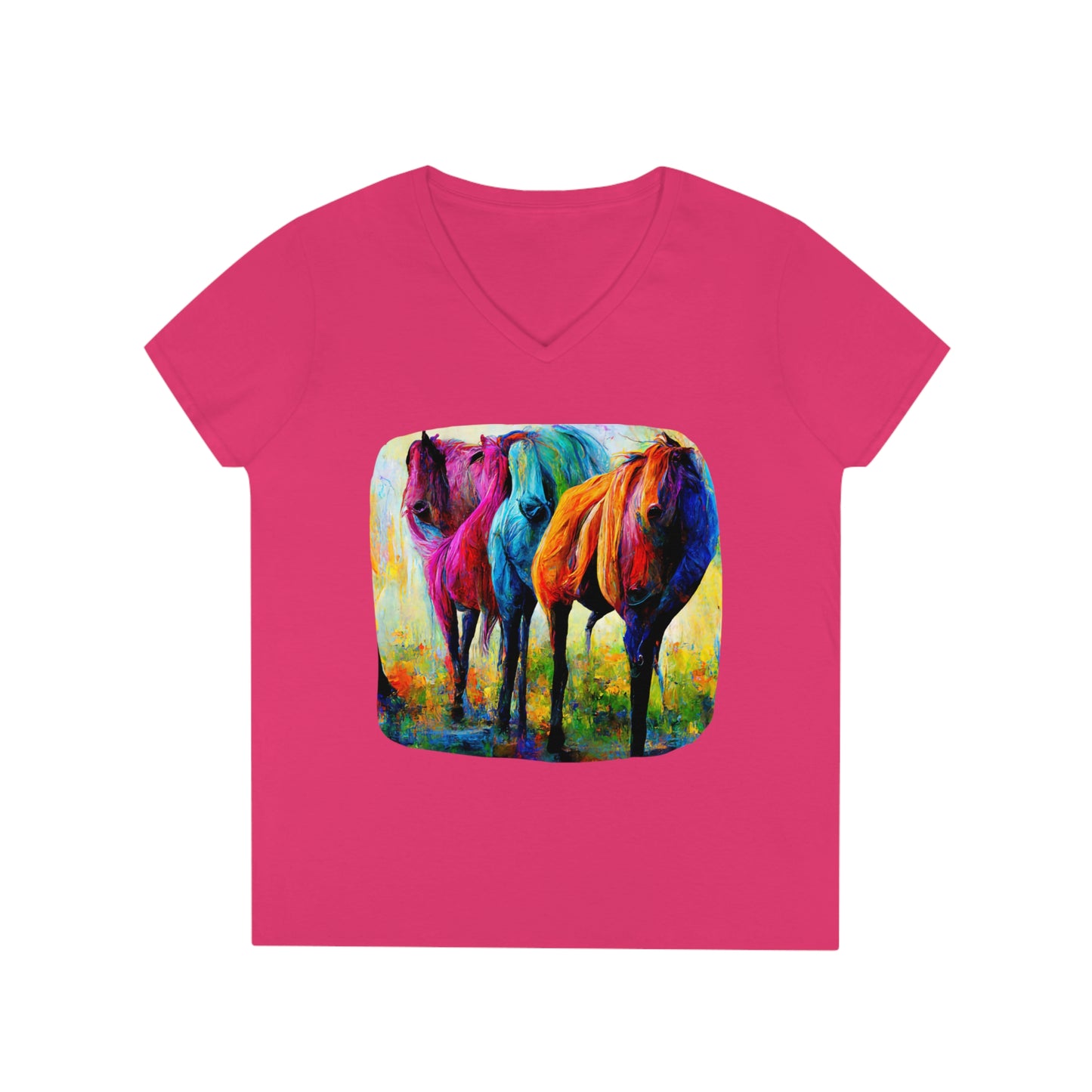 Ladies' V-Neck T-Shirt Horses 1