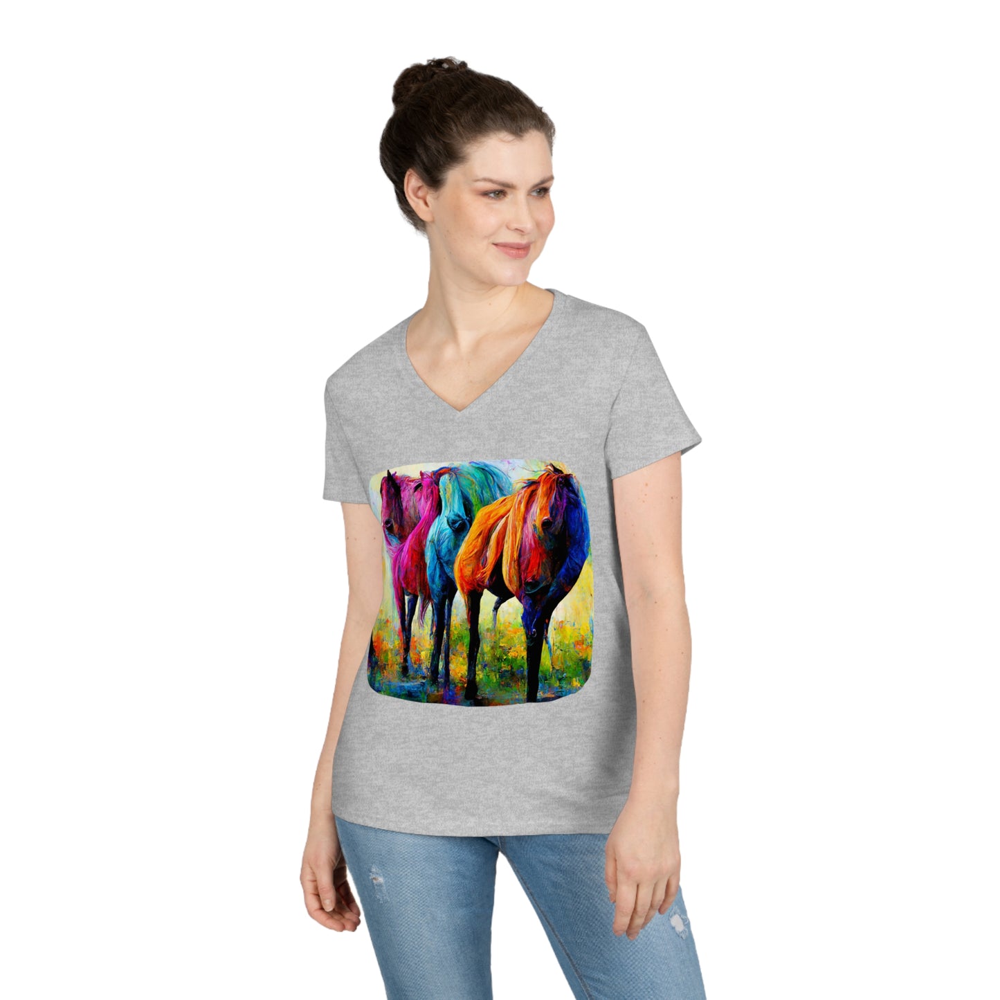 Ladies' V-Neck T-Shirt Horses 1