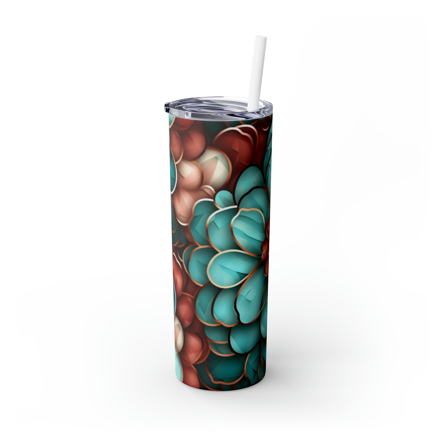 Skinny Tumbler with Straw, 20oz Rose Gold and Turquoise Flowers #2