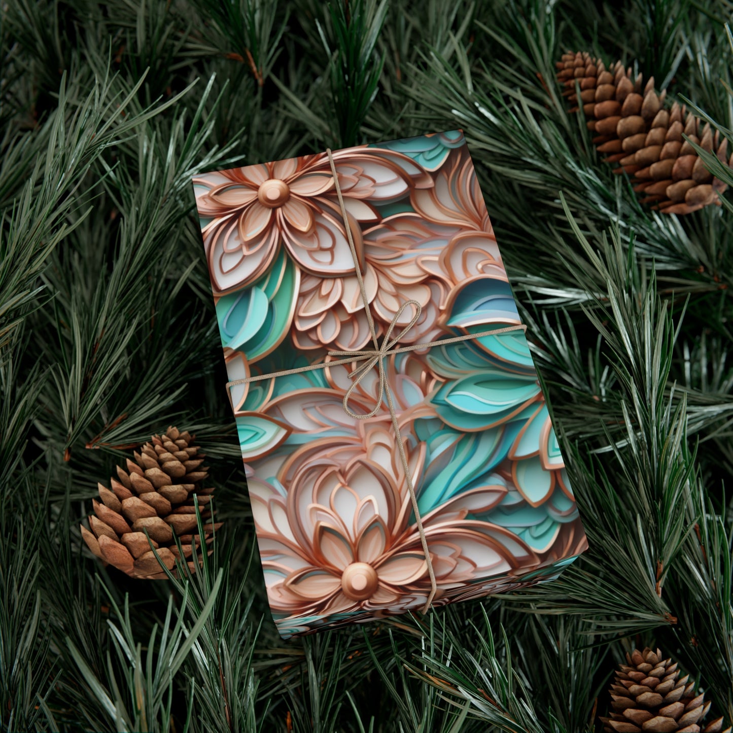 Gift Wrap Papers Rose Gold and Turquoise Cloisonne Flowers