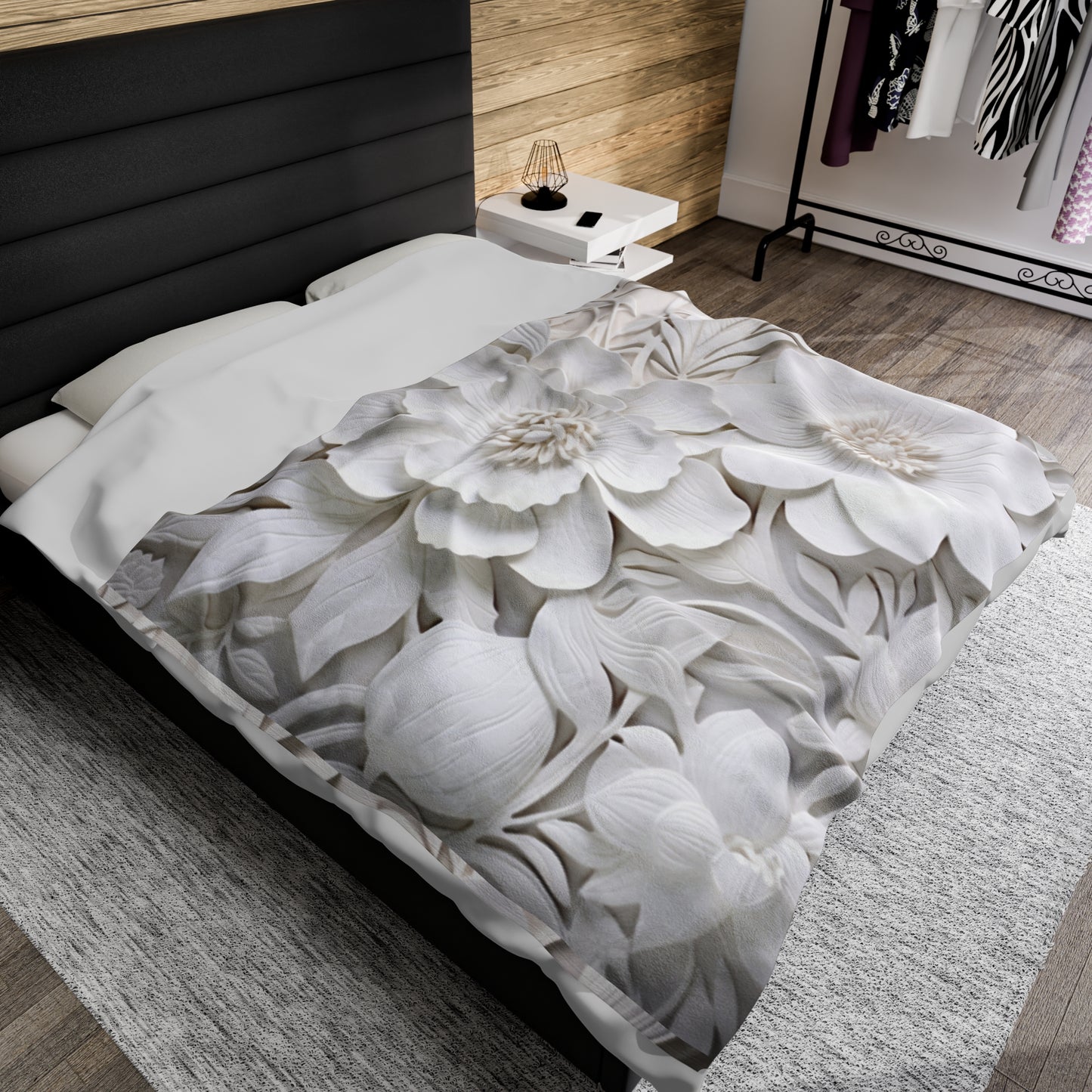 Velveteen Plush Blanket -  White Flowers