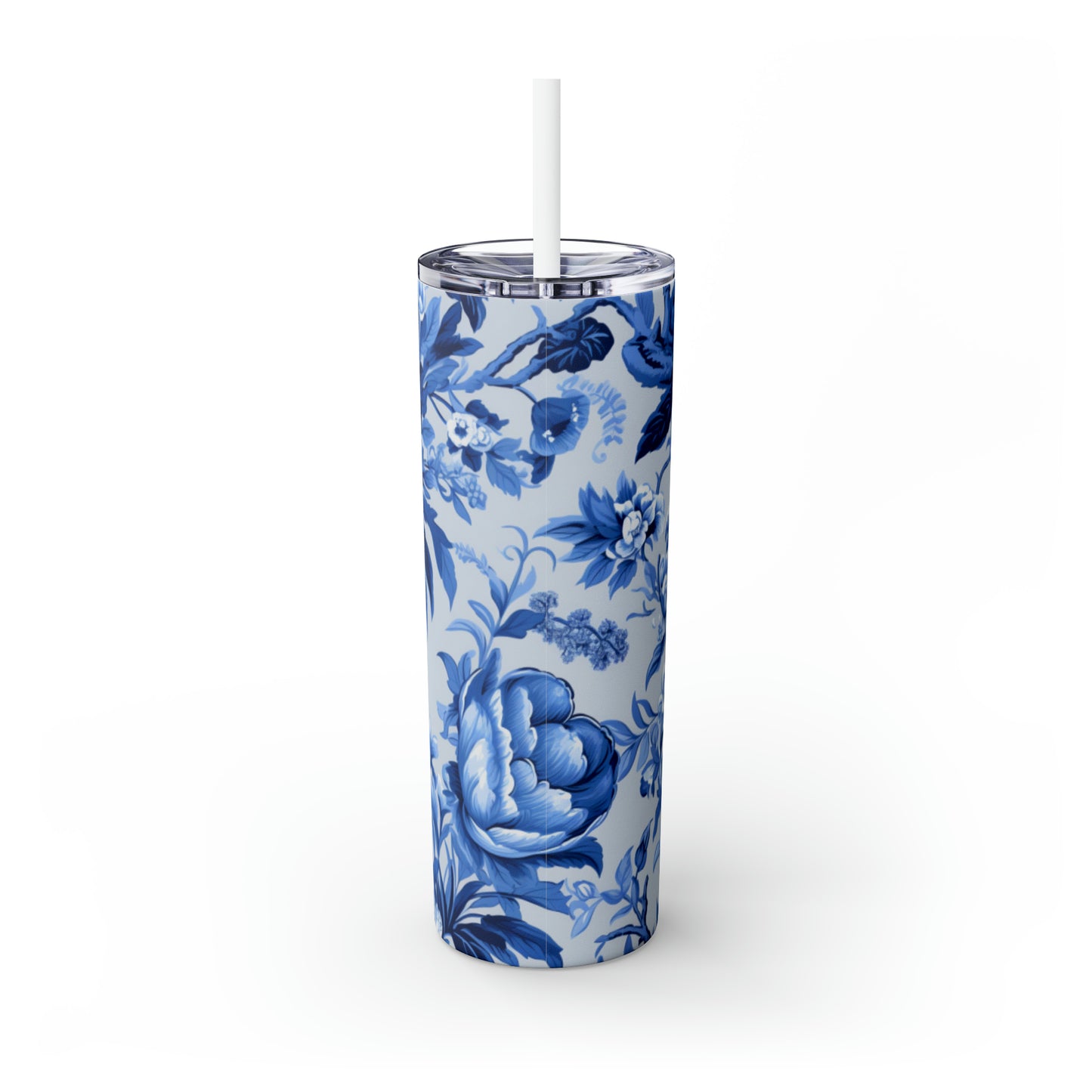 Vaso delgado con pajita, chinoiserie azul inglés de 20 oz