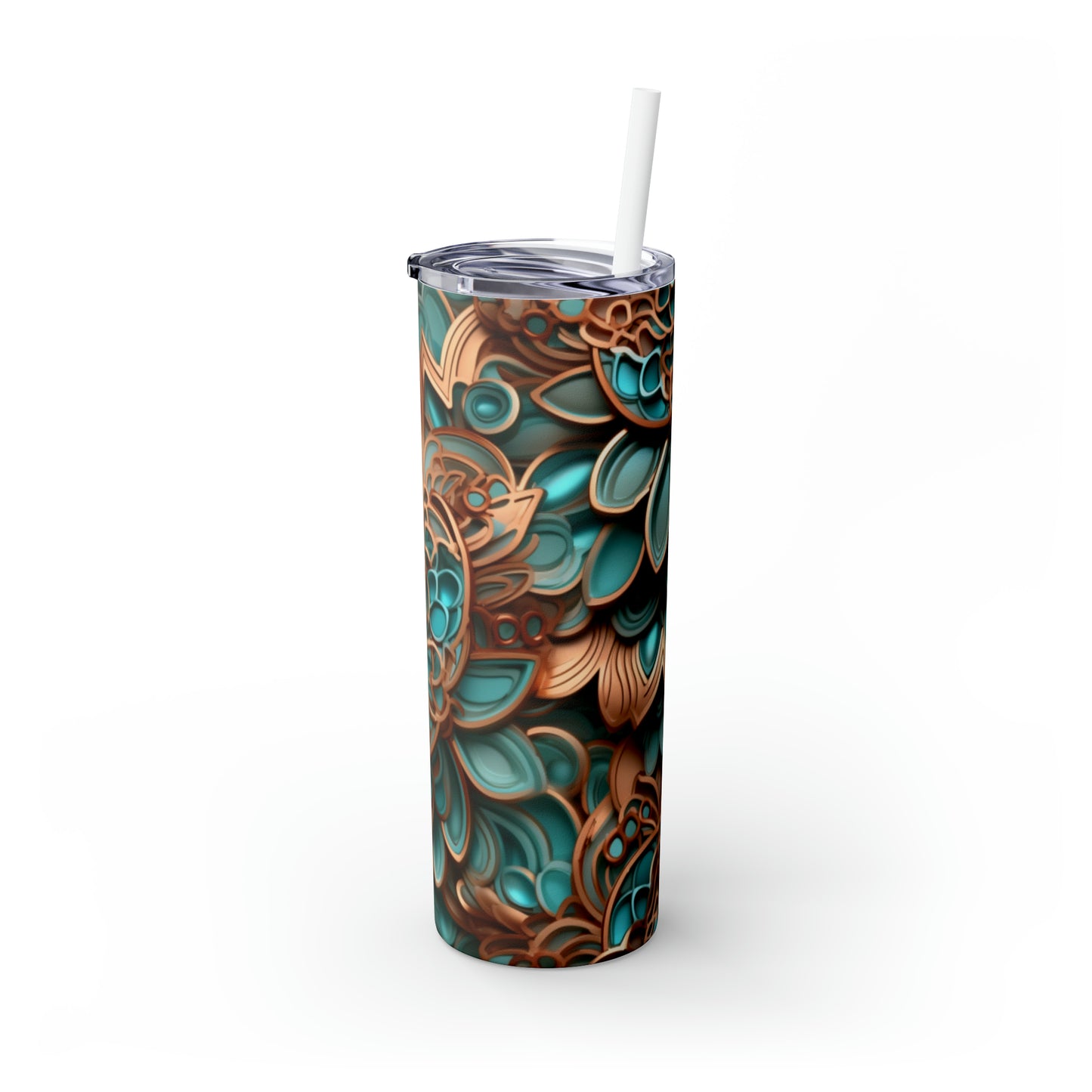 Skinny Tumbler with Straw, 20oz Copper and Turquoise Flower #2