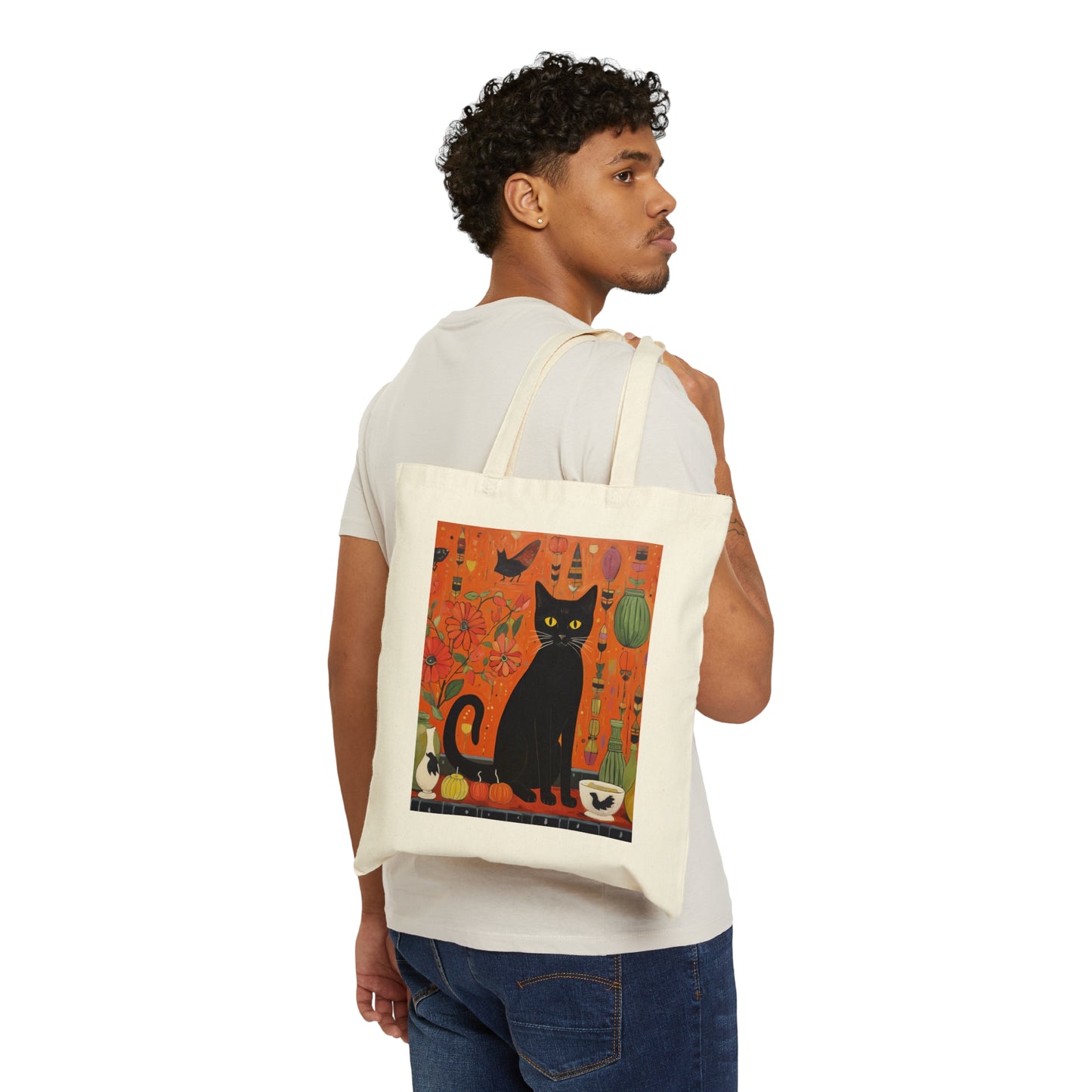 Lindo bolso tote de lona de algodón de Halloween con gato negro