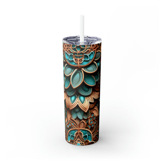 Skinny Tumbler with Straw, 20oz Copper and Turquoise Flower #2