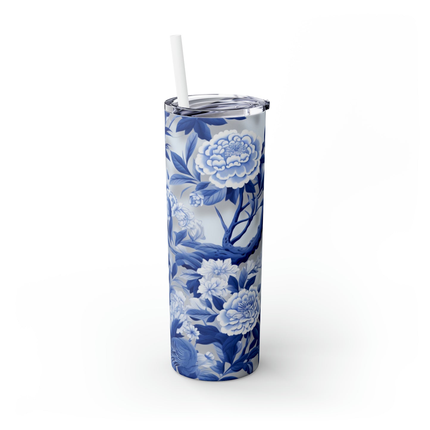 Skinny Tumbler with Straw, 20oz French Blue Chinoiserie