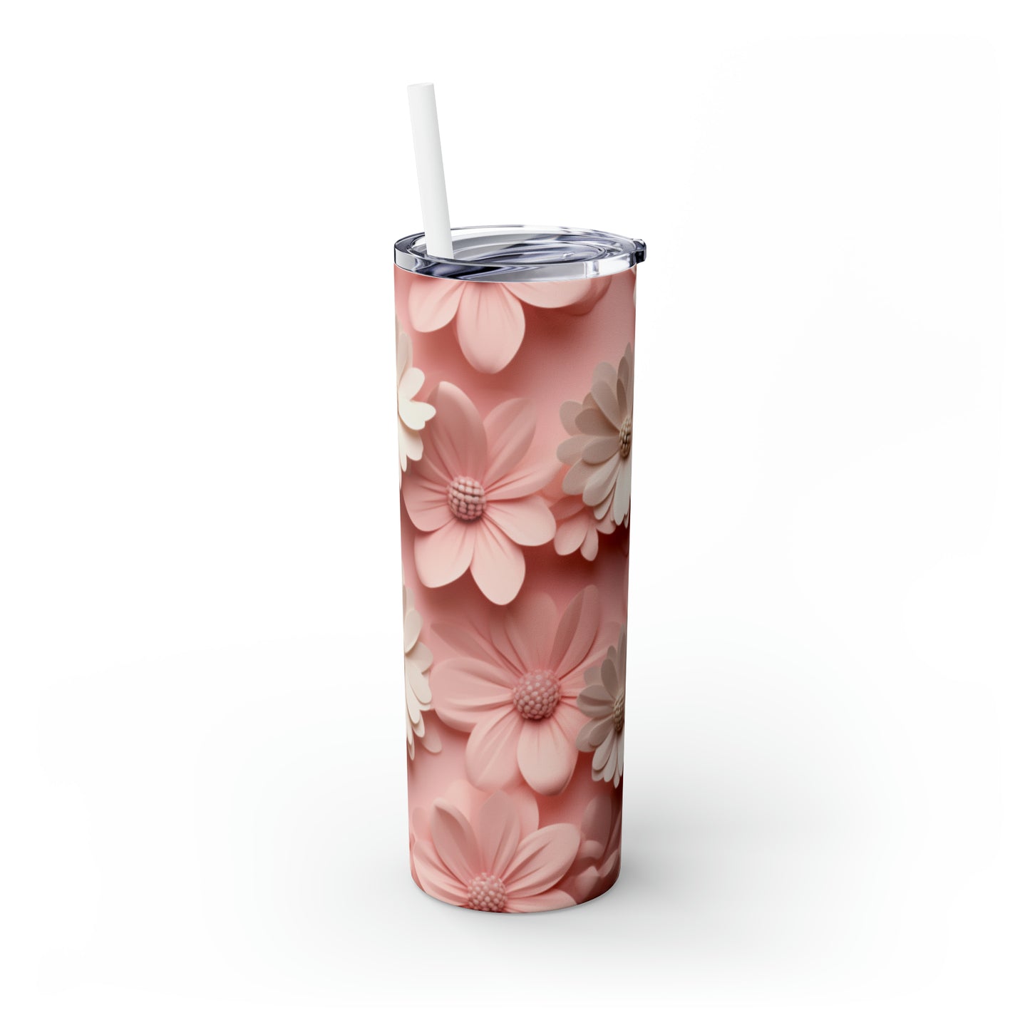 Skinny Tumbler with Straw, 20oz White and Pink Flowers #2