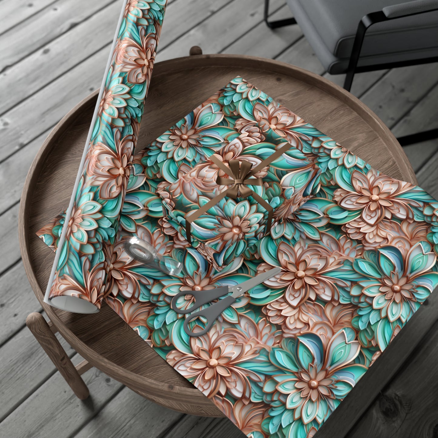 Gift Wrap Papers Rose Gold and Turquoise Cloisonne Flowers