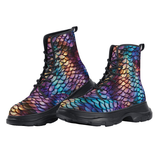 Iridescent Dragon Scale Women's Leather Chunky Boots