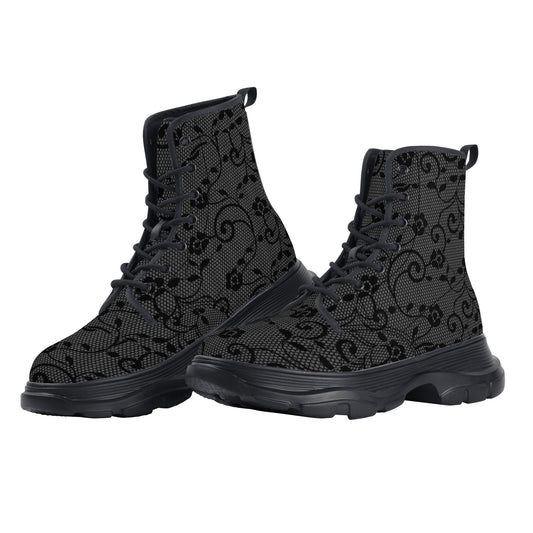 Black Lace Women's Leather Chunky Boots