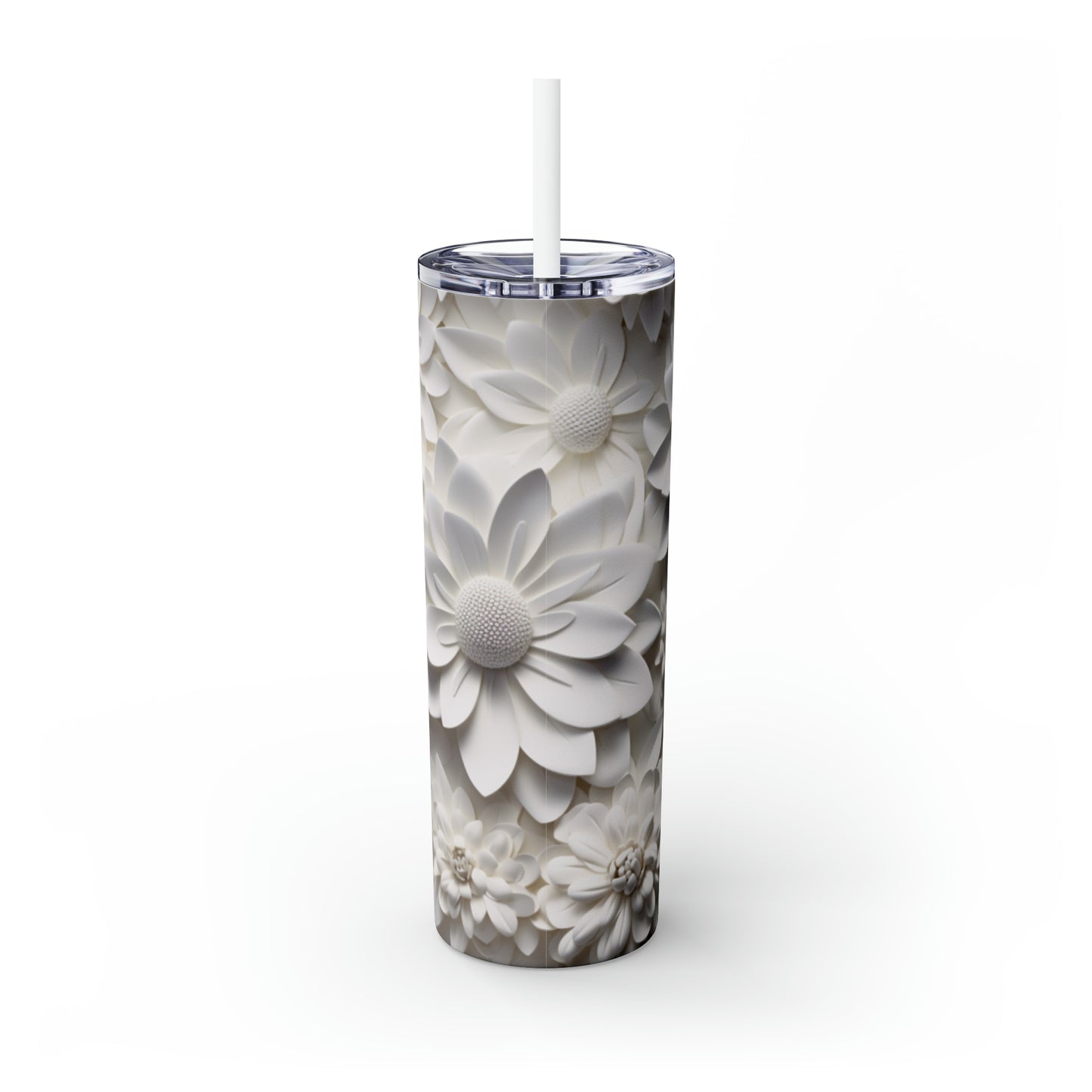 Skinny Tumbler with Straw, 20oz 3D White Flowers