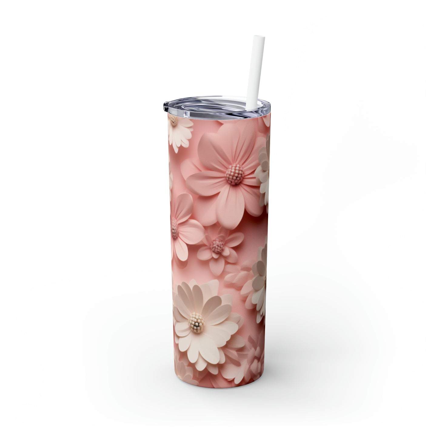 Skinny Tumbler with Straw, 20oz White and Pink Flowers #2