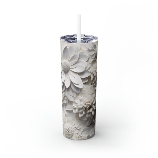 Skinny Tumbler with Straw, 20oz 3D White Flowers