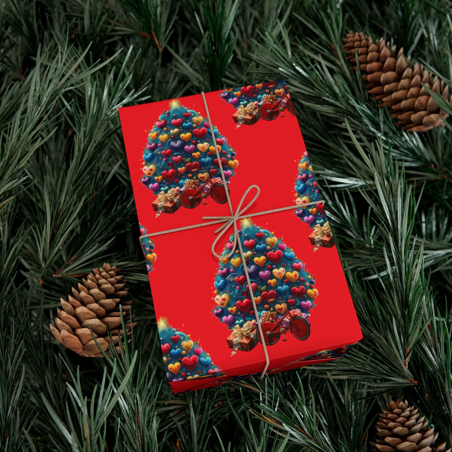 Gift Wrap Papers Christmas Tree with Hearts - red