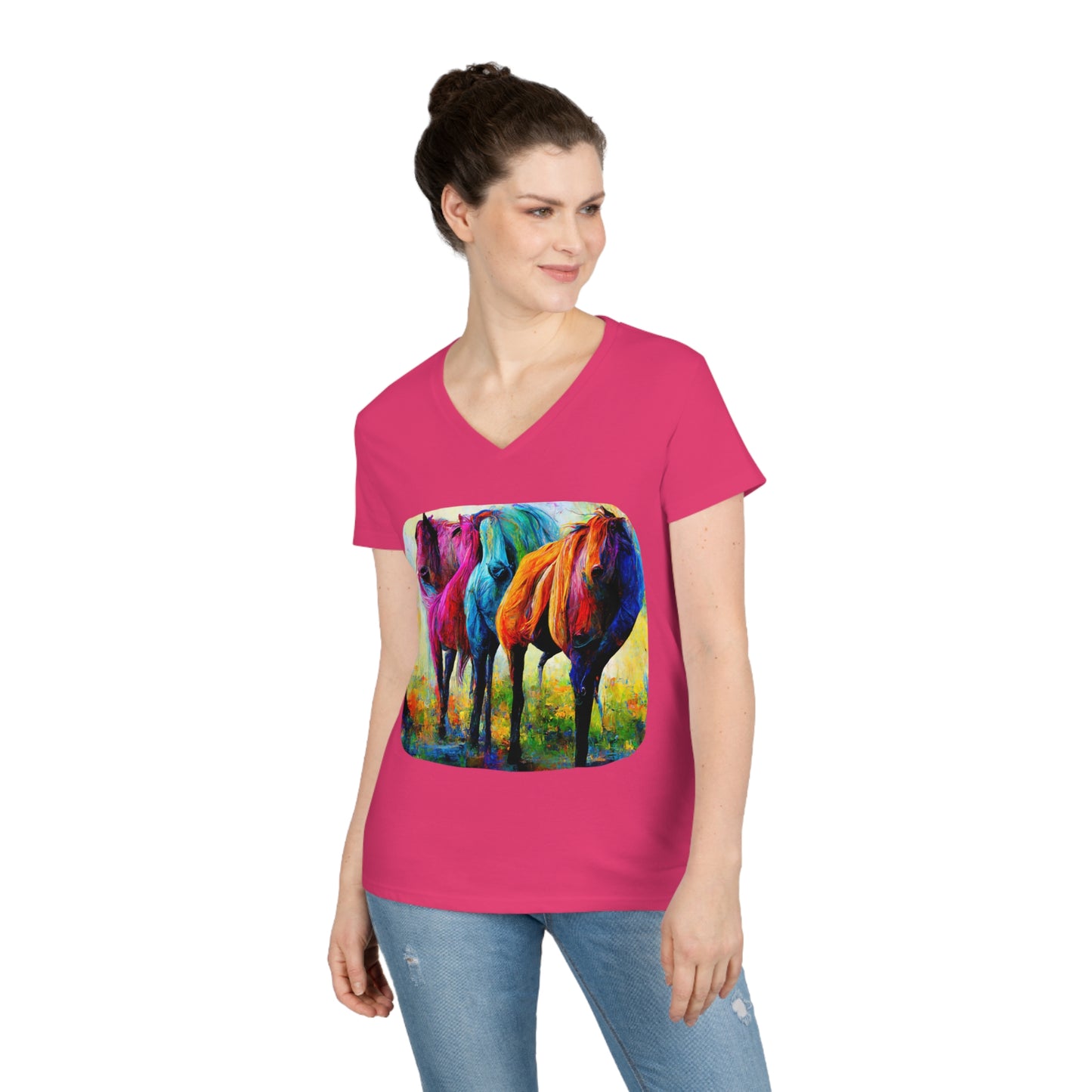 Ladies' V-Neck T-Shirt Horses 1