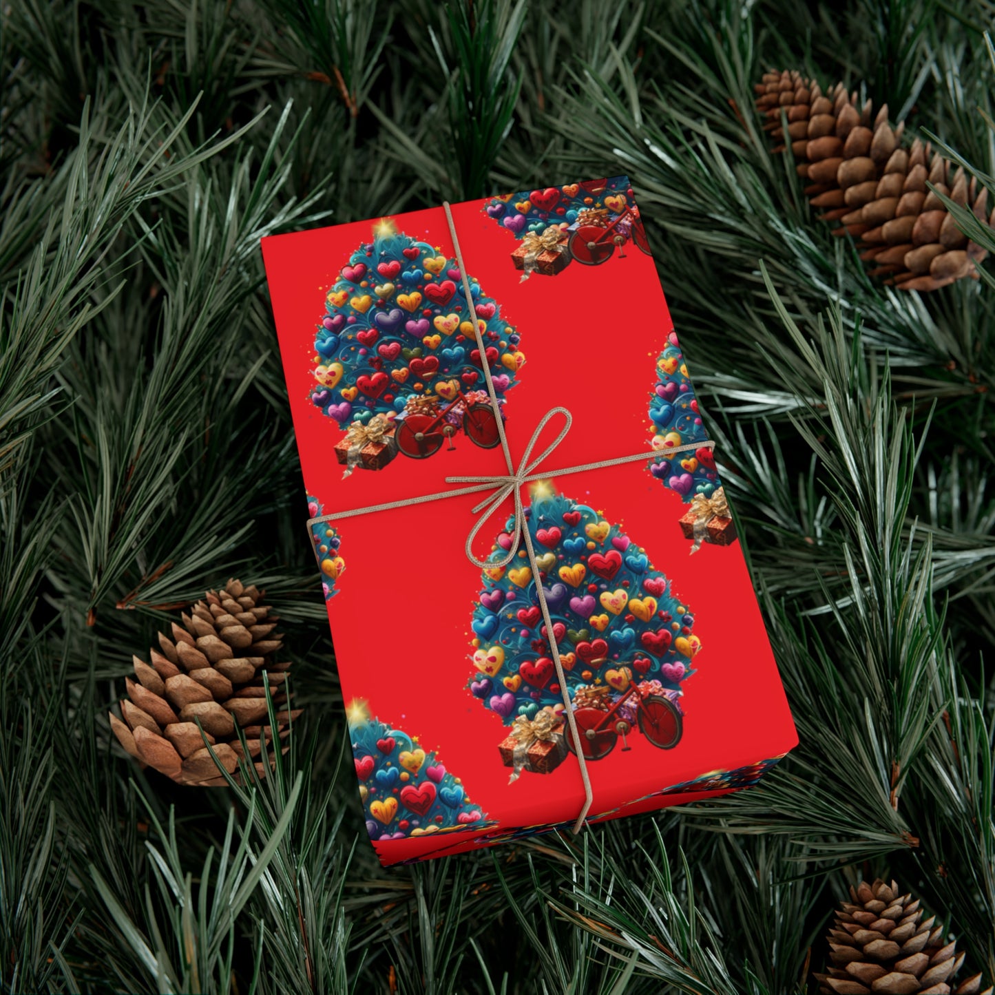 Gift Wrap Papers Christmas Tree with Hearts - red