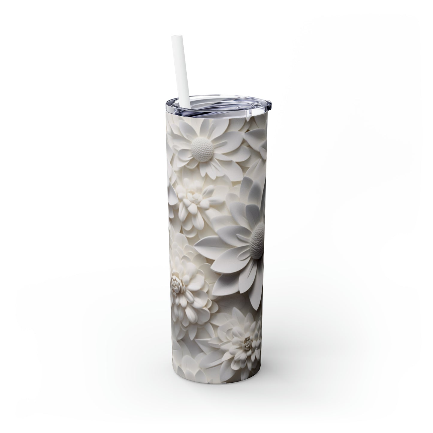 Skinny Tumbler with Straw, 20oz 3D White Flowers