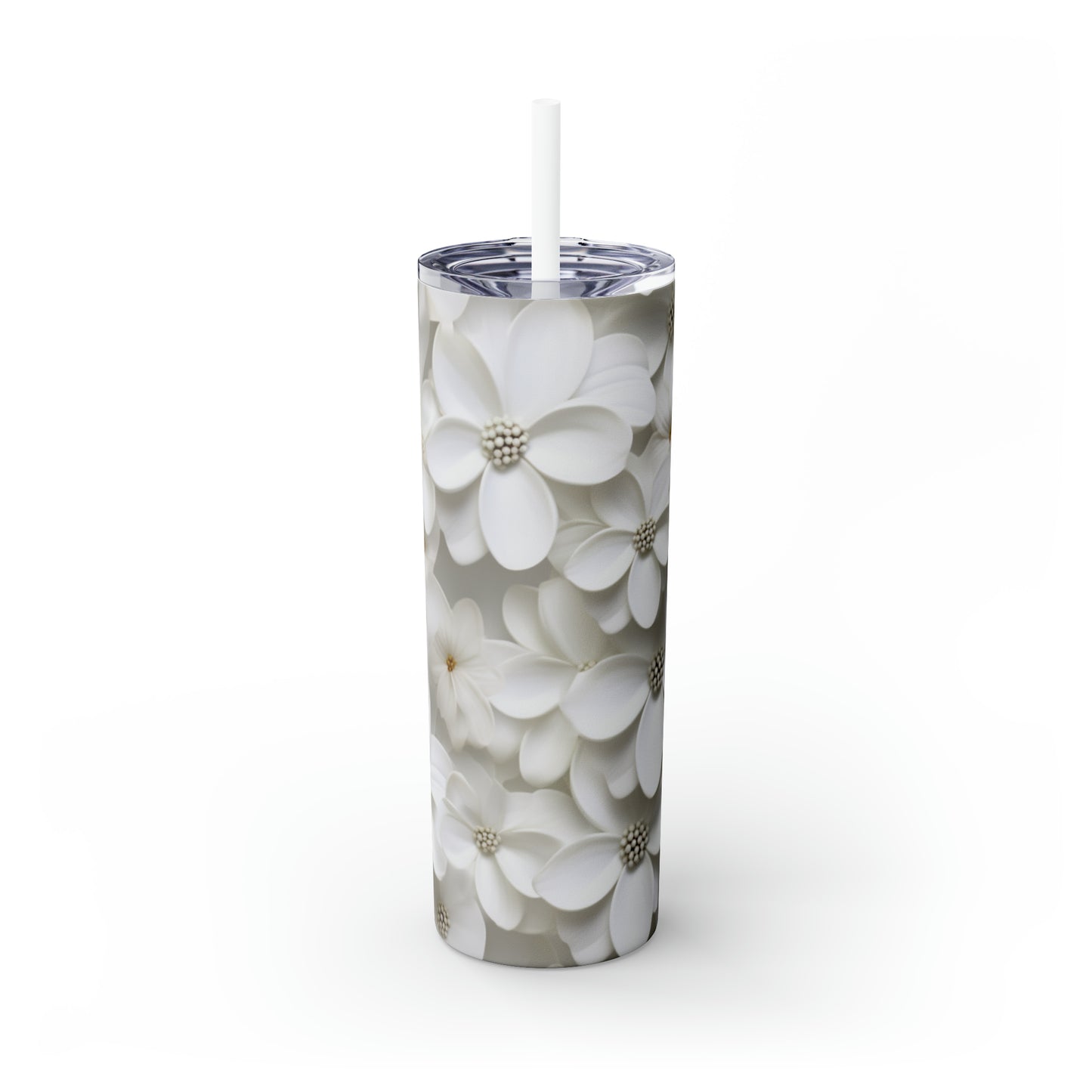 Skinny Tumbler with Straw, 20oz White 3D Flower #3