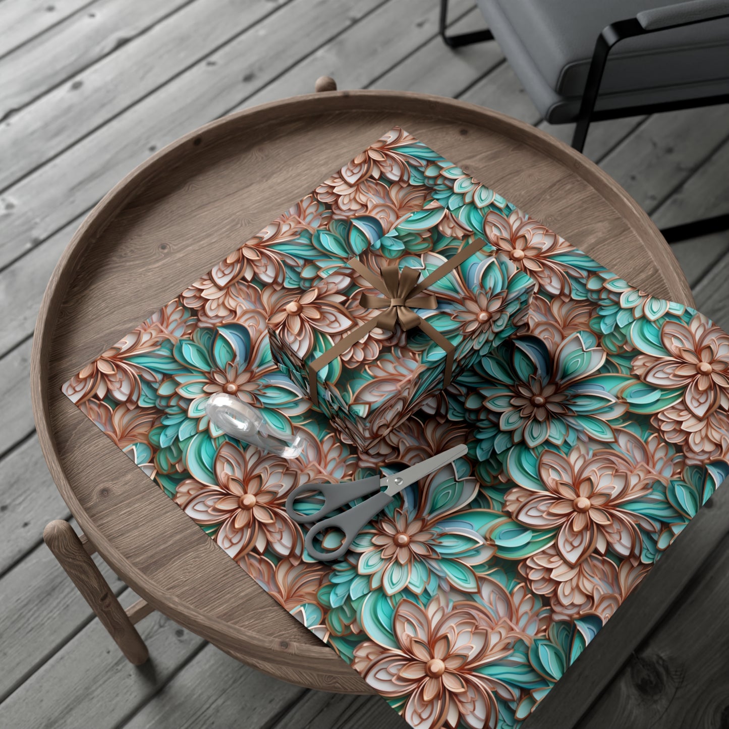 Gift Wrap Papers Rose Gold and Turquoise Cloisonne Flowers