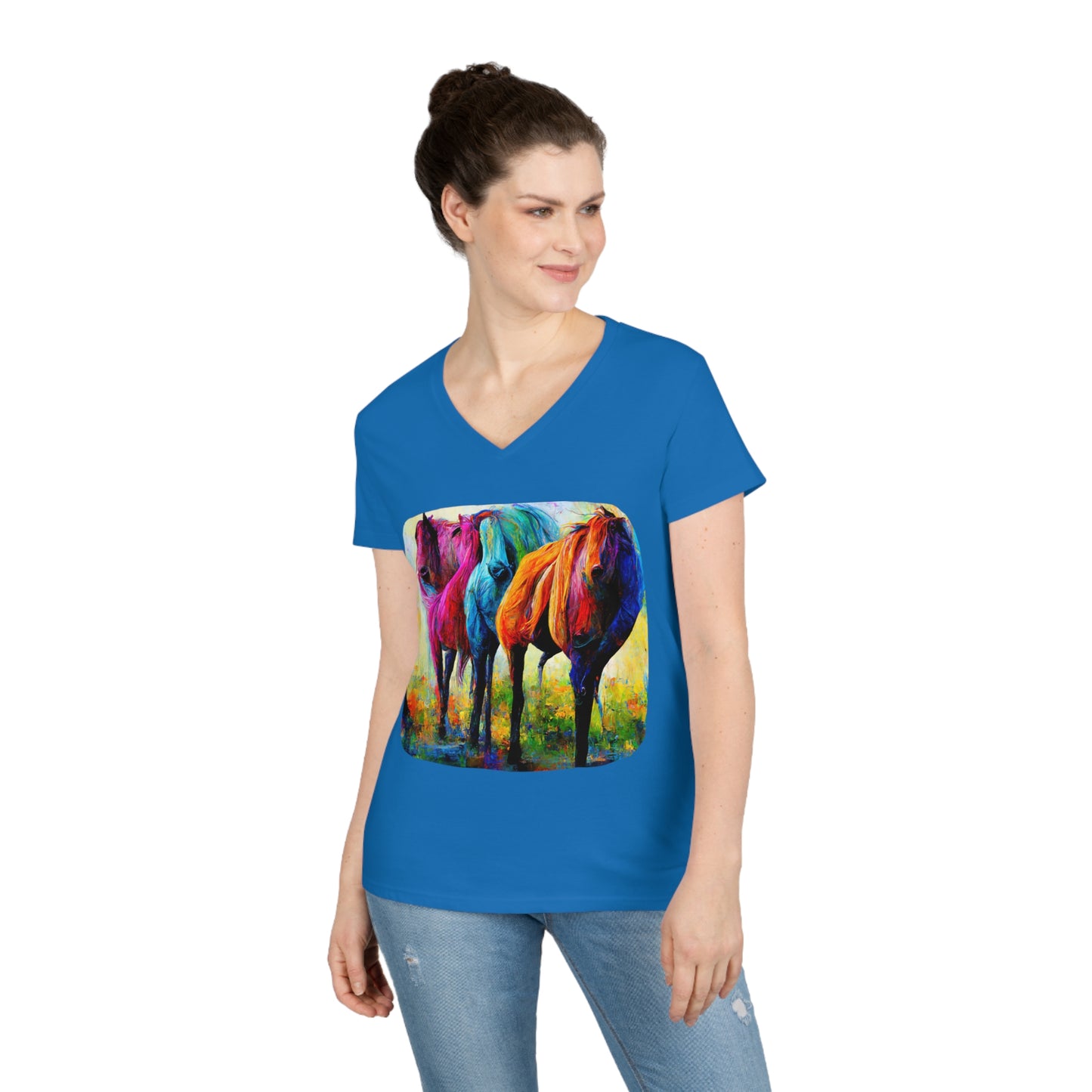 Ladies' V-Neck T-Shirt Horses 1