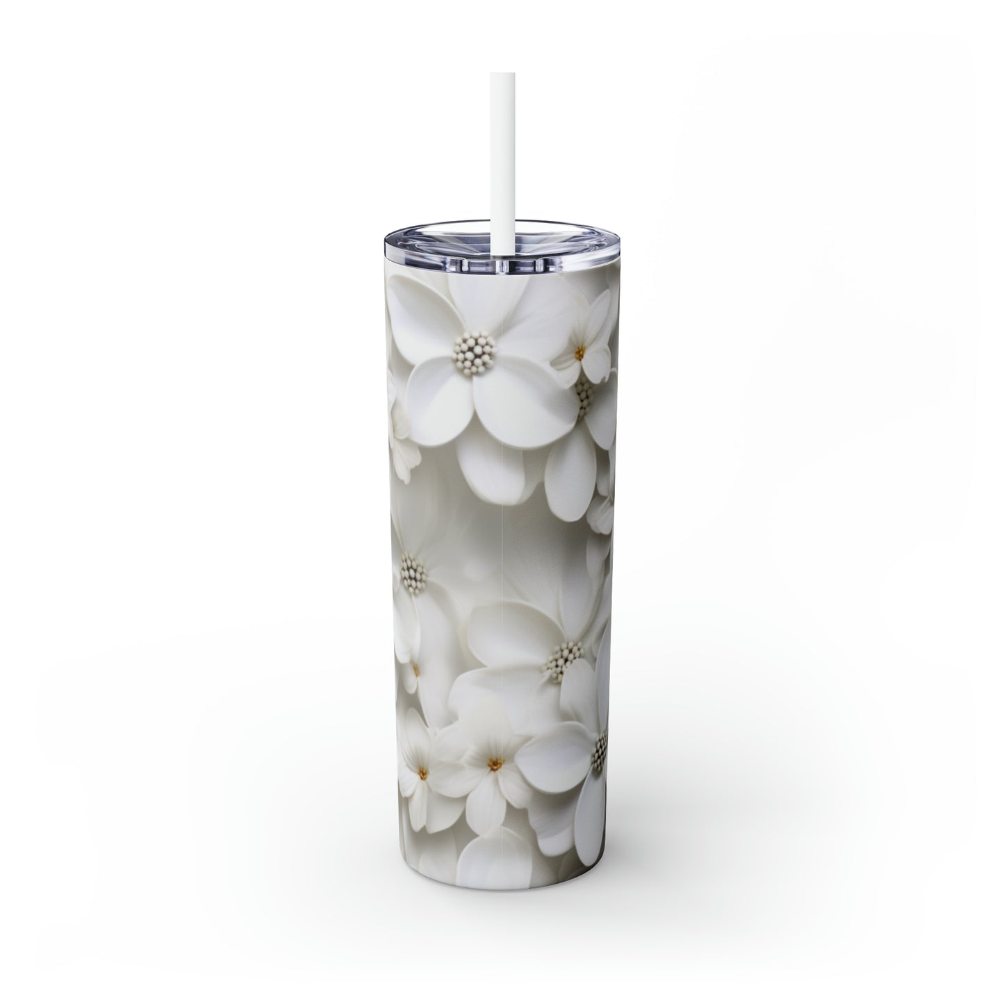 Skinny Tumbler with Straw, 20oz White 3D Flower #3