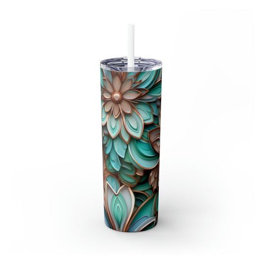 Skinny Tumbler with Straw, 20oz Rose Gold and Turquoise Cloisonne Flowers