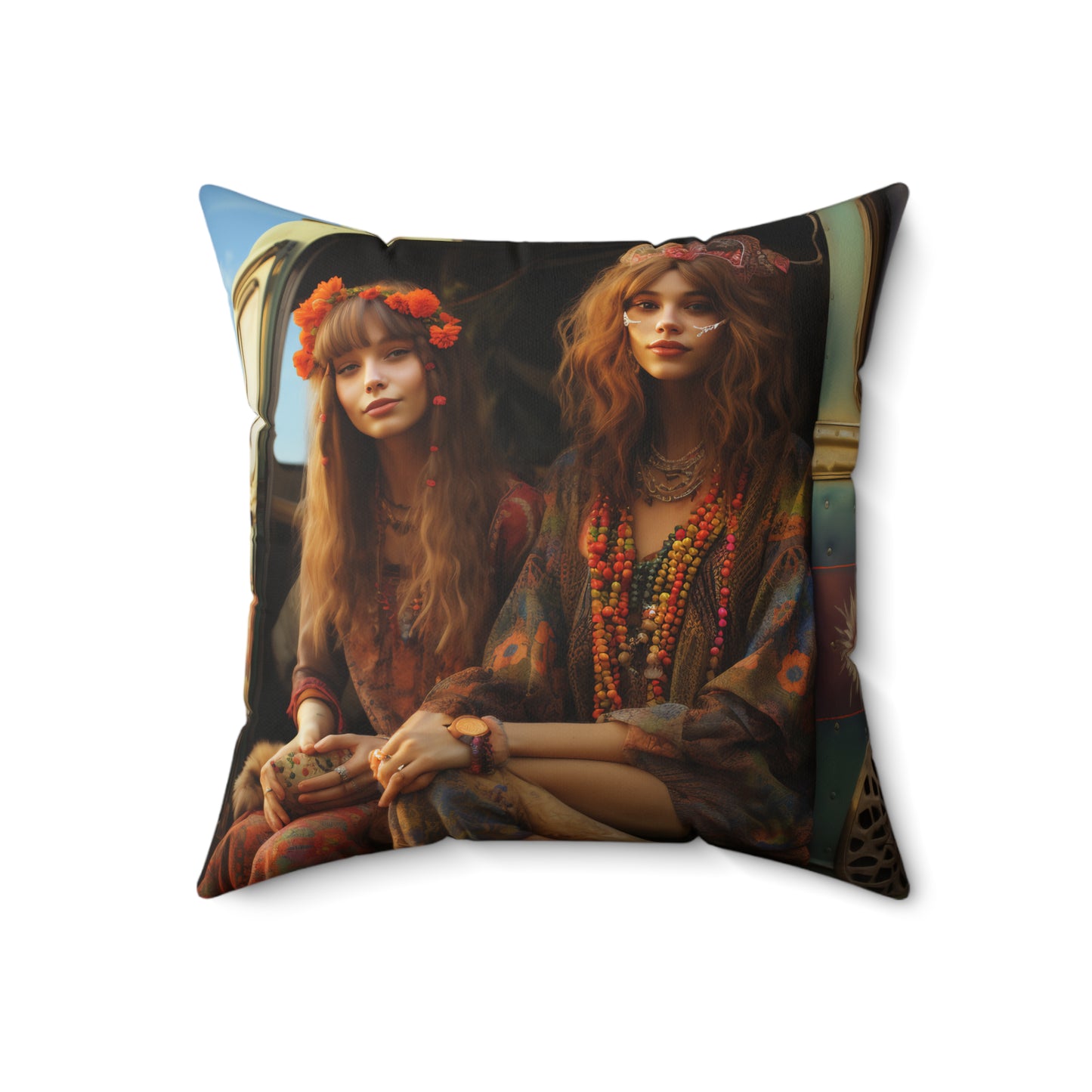 Spun Polyester Square Pillow Cowgirl and Hippie Girls