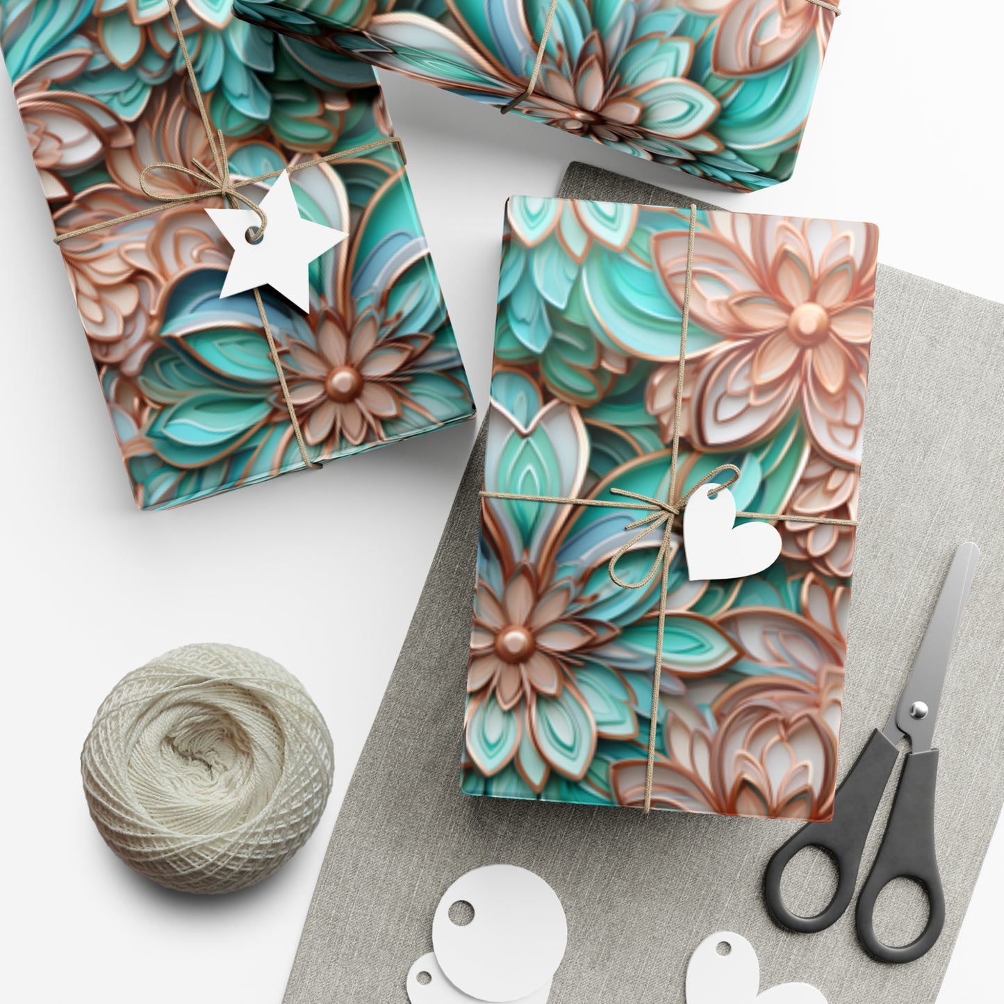 Gift Wrap Papers Rose Gold and Turquoise Cloisonne Flowers