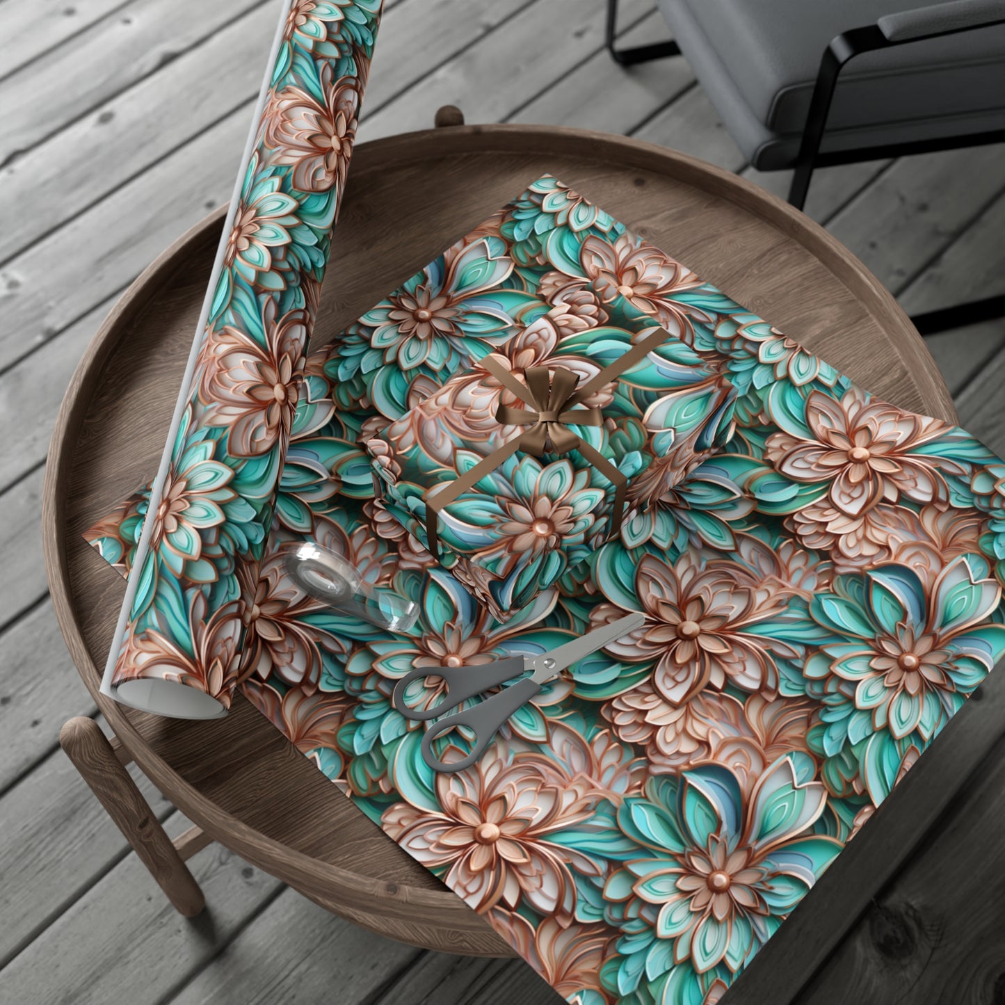 Gift Wrap Papers Rose Gold and Turquoise Cloisonne Flowers